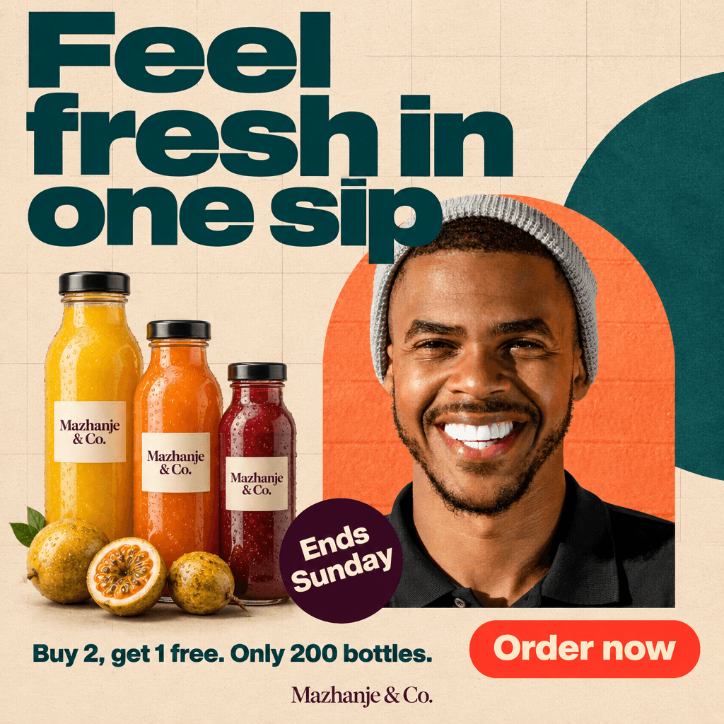 Sample poster: “Feel fresh in one sip” with a smiling face, an Order now button and an Ends Sunday badge