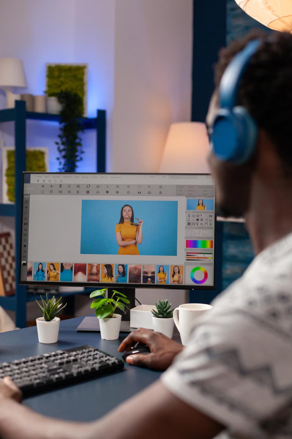 Designer with headphones retouching a campaign photo on a large monitor