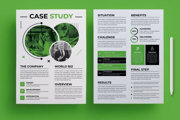 Two-page case-study document layout