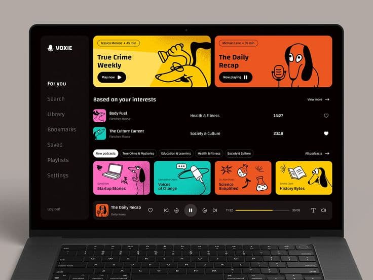 Podcast app interface on a laptop